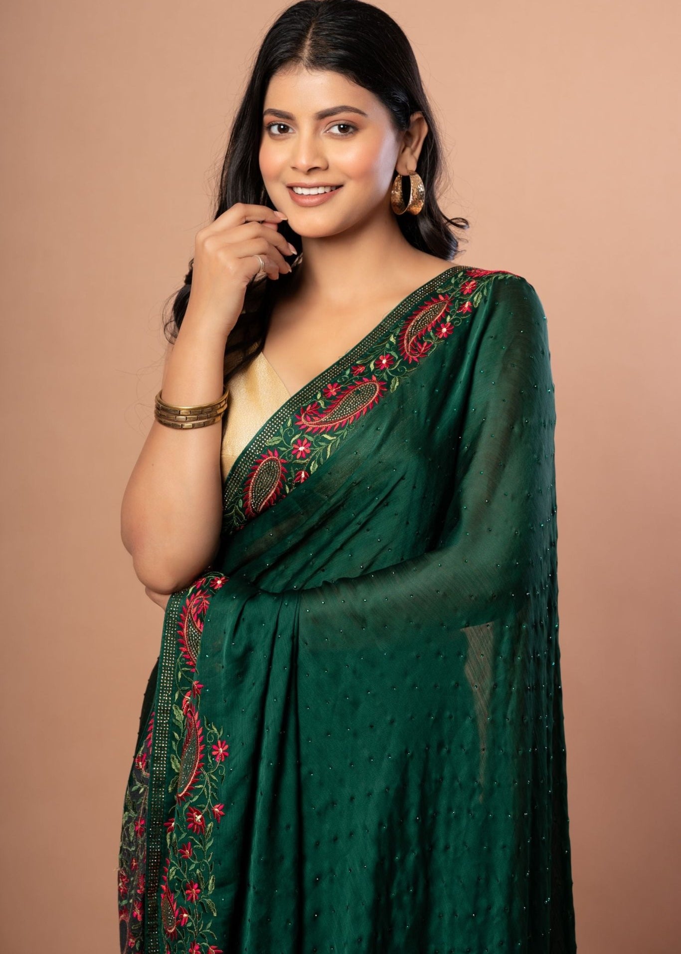 Green Chiffon Saree with Red Floral Embroidered Work - Anvi Couture