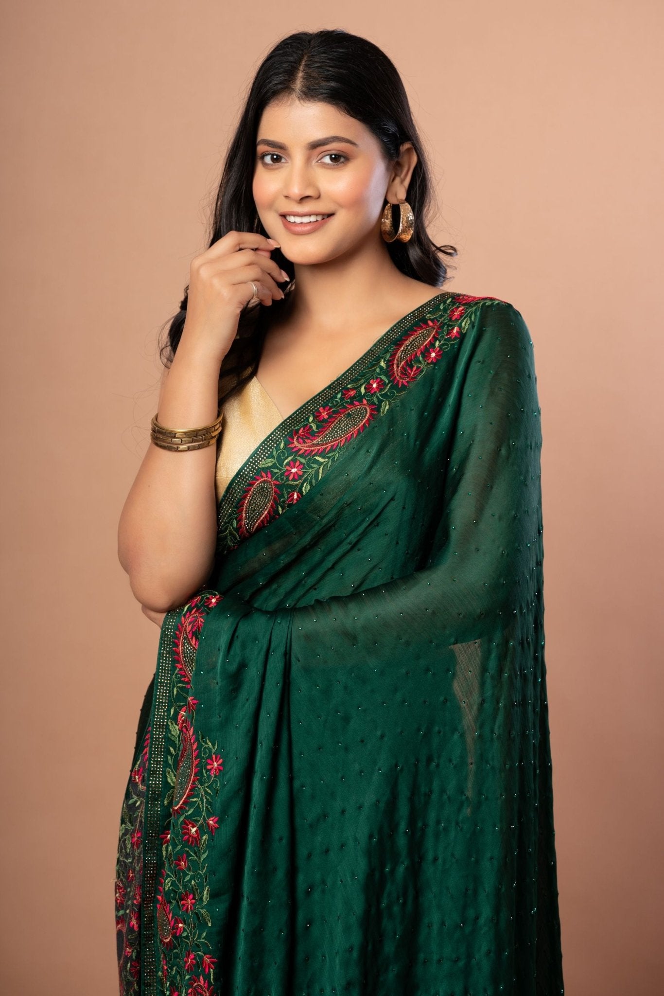 Green Chiffon Saree with Red Floral Embroidered Work - Anvi Couture