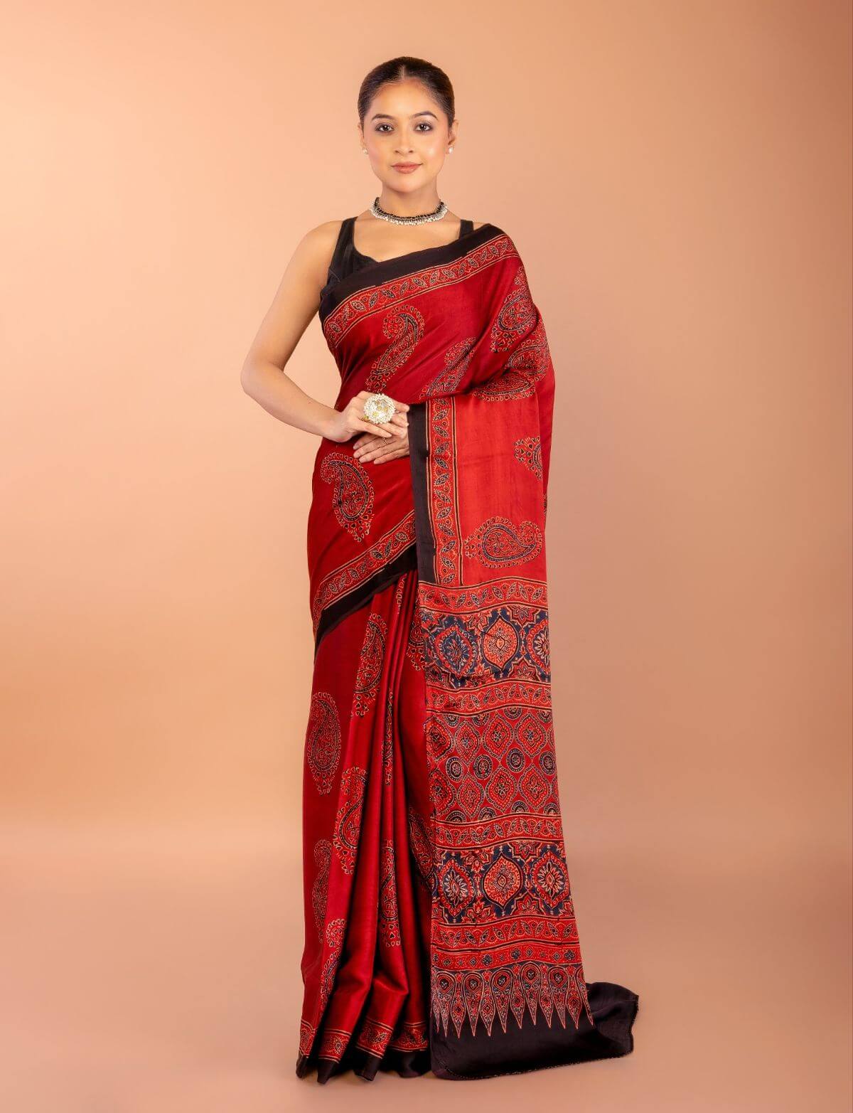 Red Ajrakh Modal Silk Saree