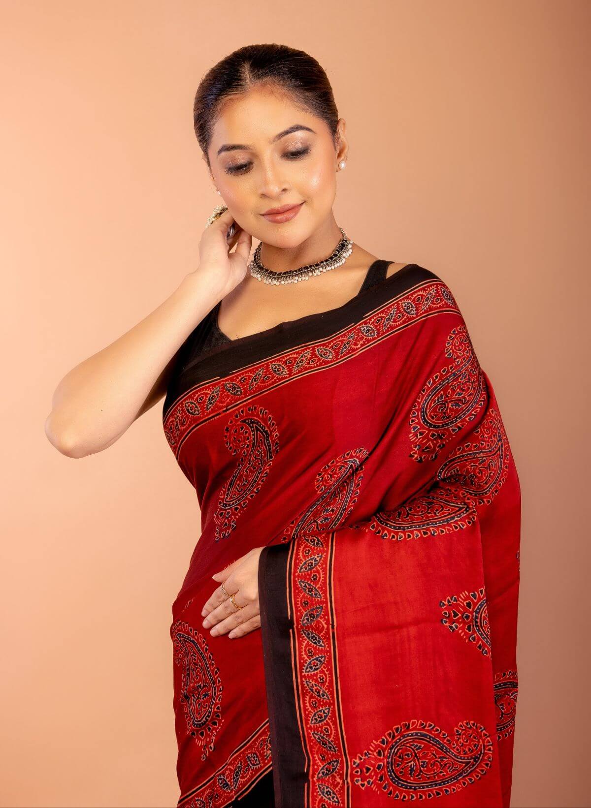 Red Ajrakh Modal Silk Saree
