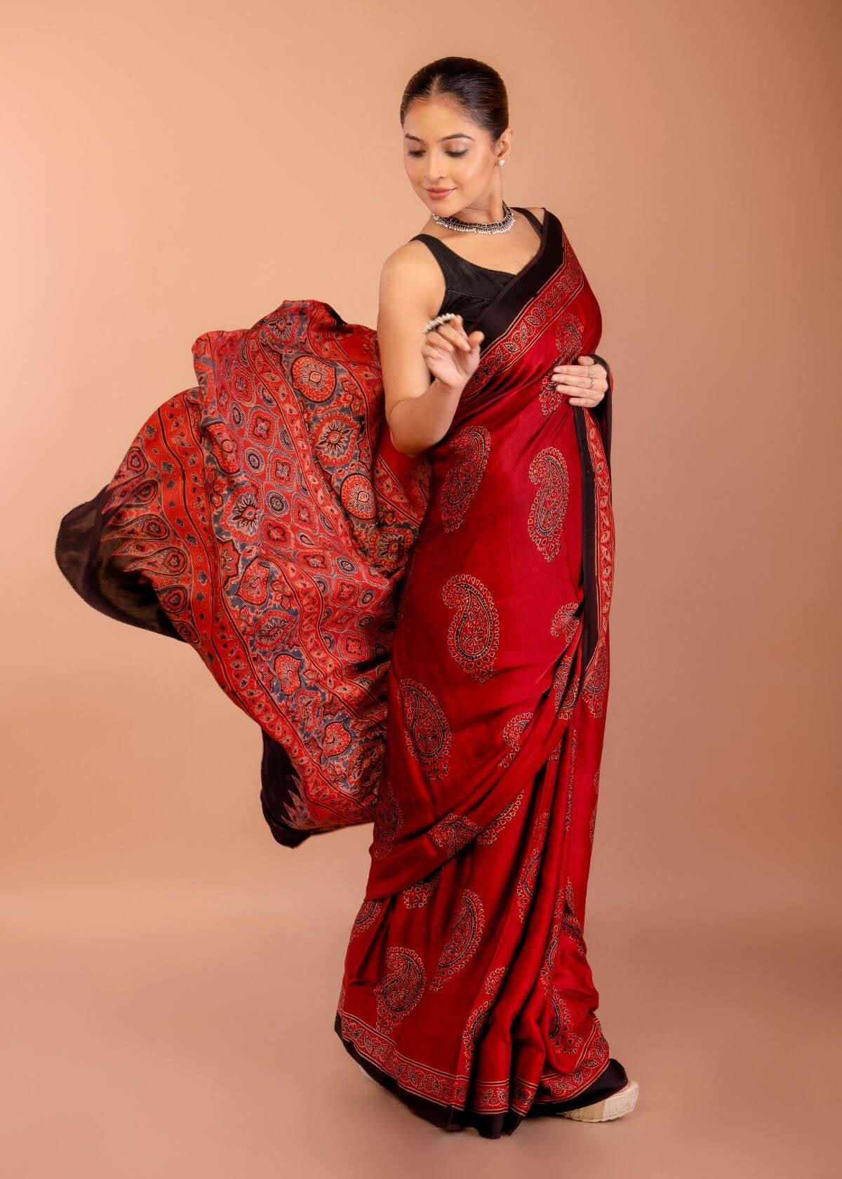 Red Ajrakh Modal Silk Saree