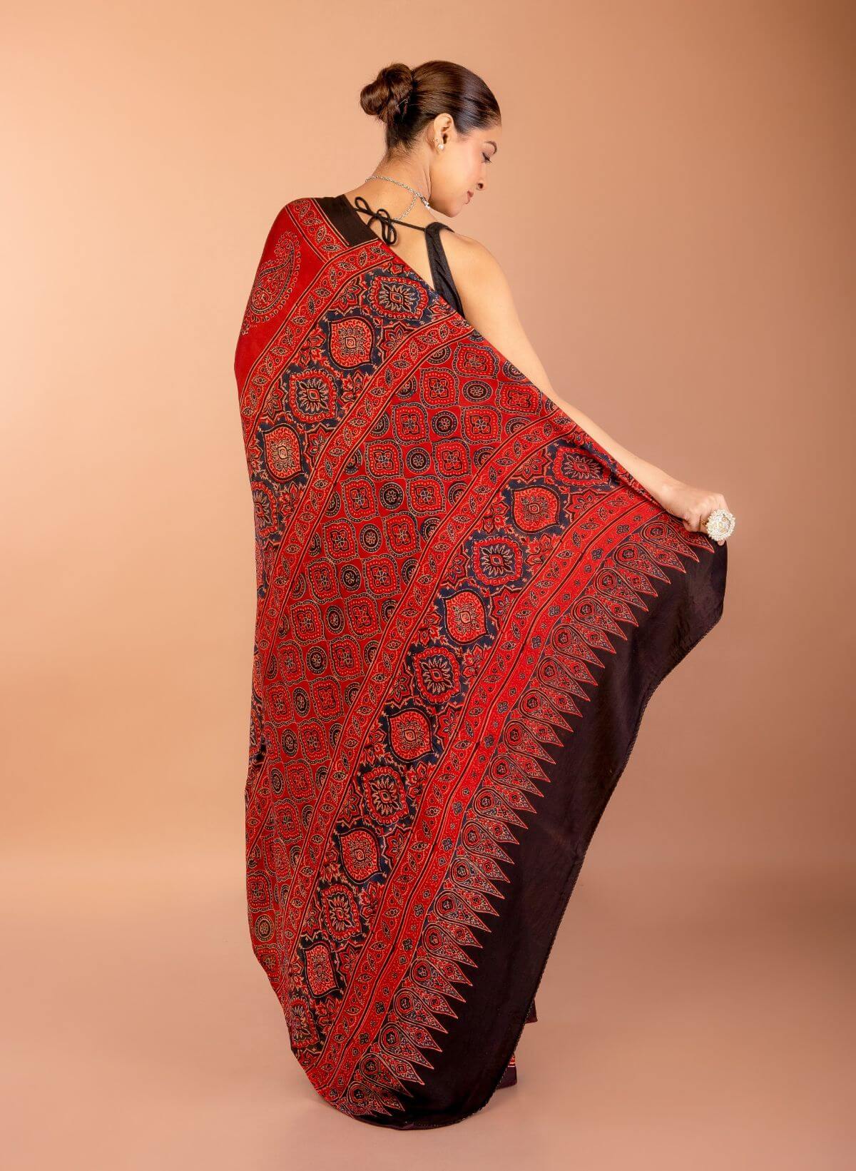 Red Ajrakh Modal Silk Saree