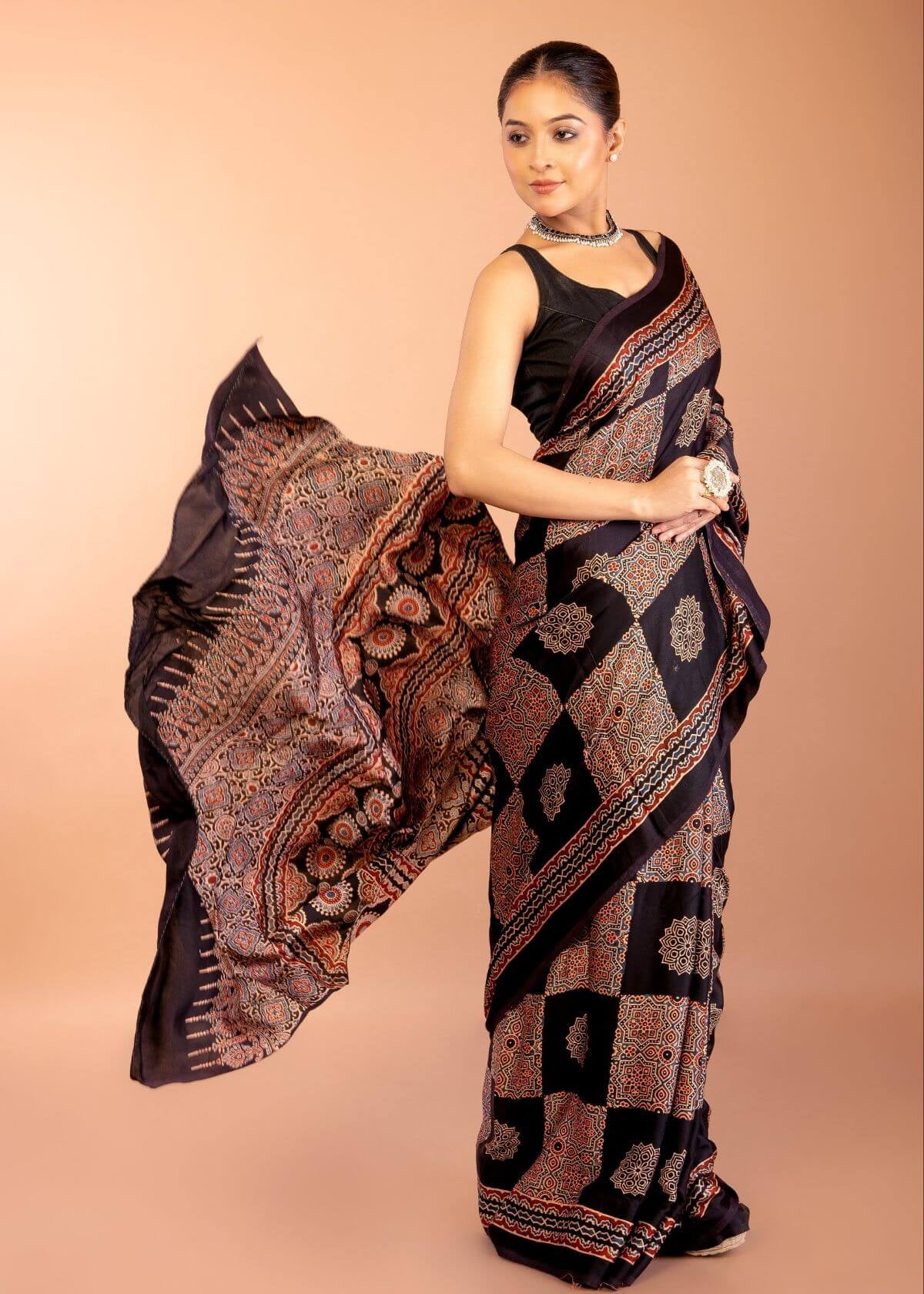 Black Ajrakh Print Saree in Modal Silk