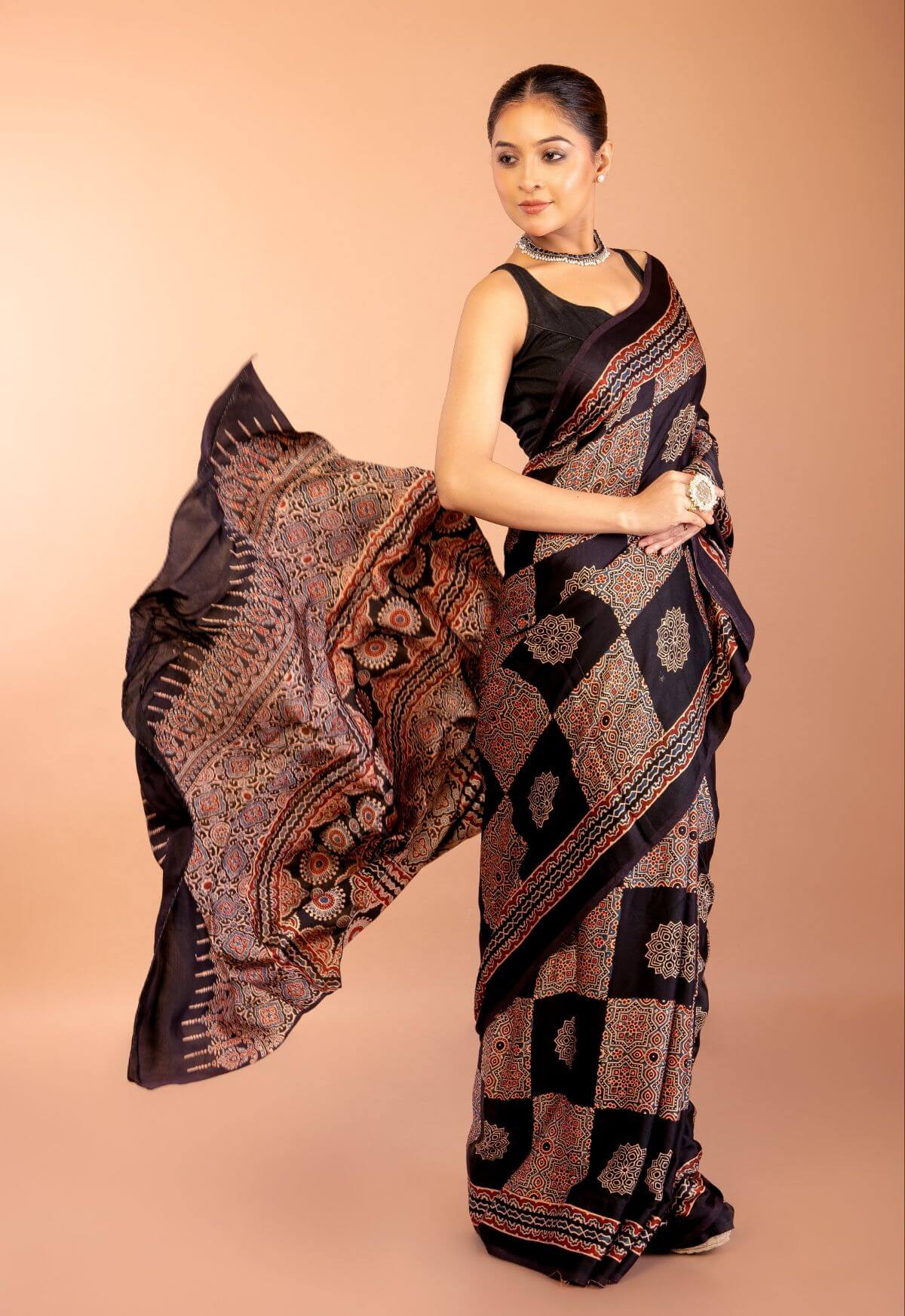 Black Ajrakh Print Saree in Modal Silk