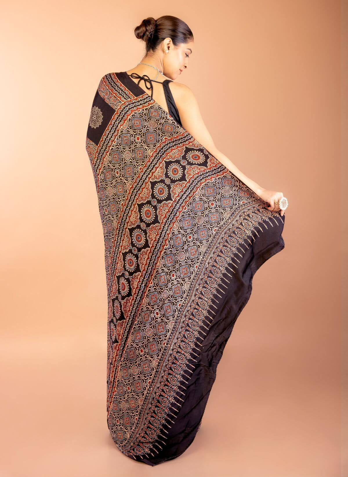 Black Ajrakh Print Saree in Modal Silk