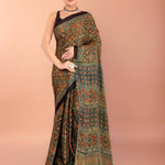Dark Green Ajrakh Print Saree in Modal Silk 