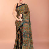 Dark Green Ajrakh Print Saree in Modal Silk 