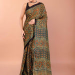 Dark Green Ajrakh Print Saree in Modal Silk 