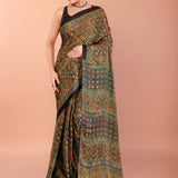 Dark Green Ajrakh Print Saree in Modal Silk 