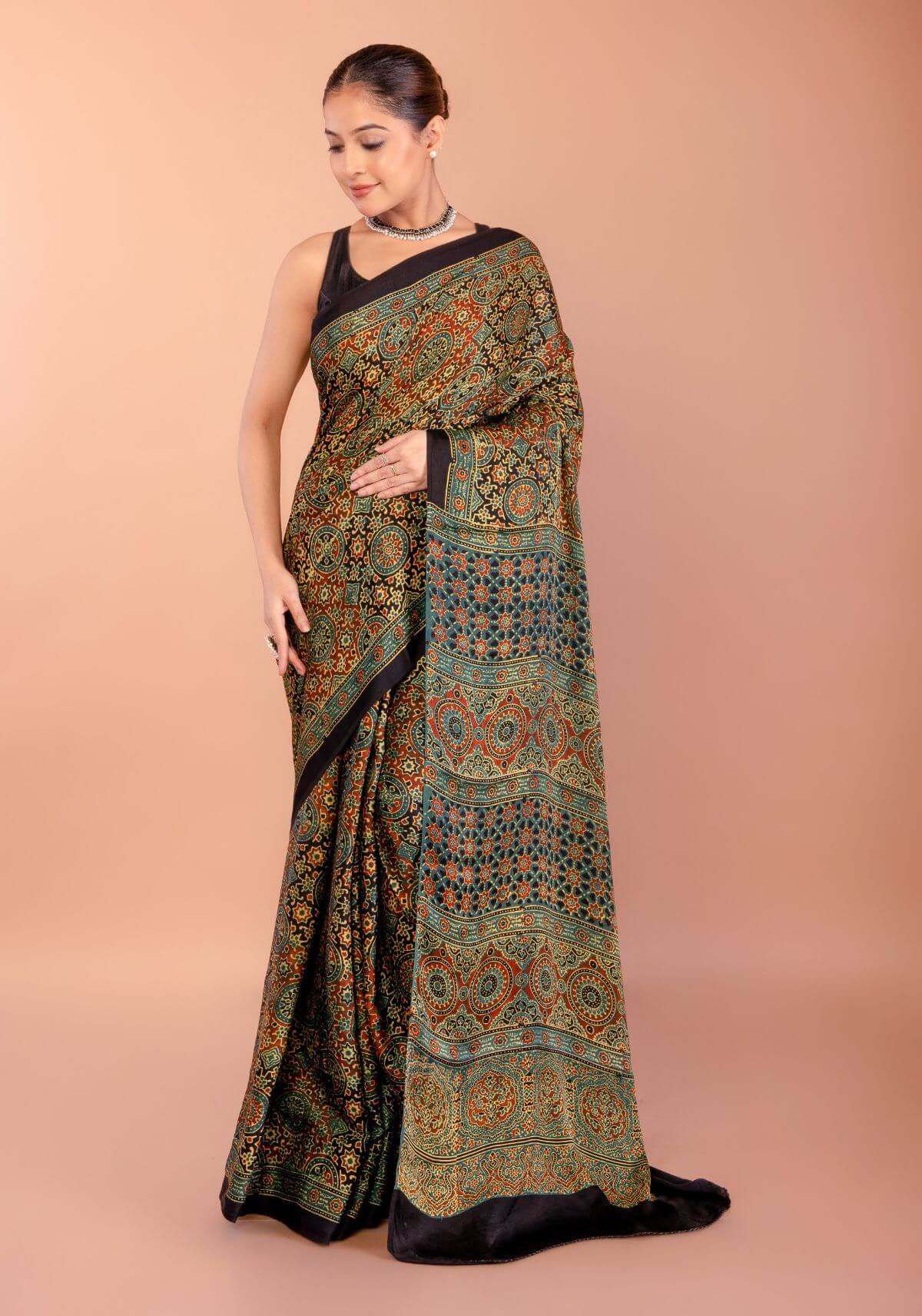Dark Green Ajrakh Print Saree in Modal Silk 