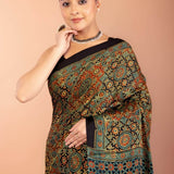 Dark Green Ajrakh Print Saree in Modal Silk 