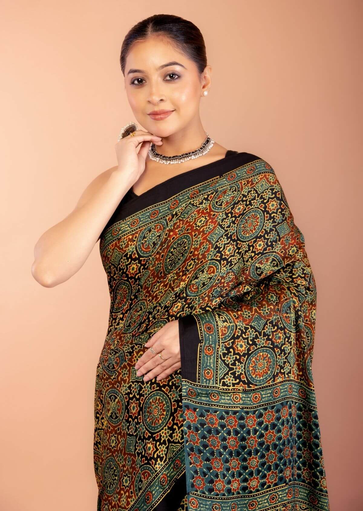 Dark Green Ajrakh Print Saree in Modal Silk 