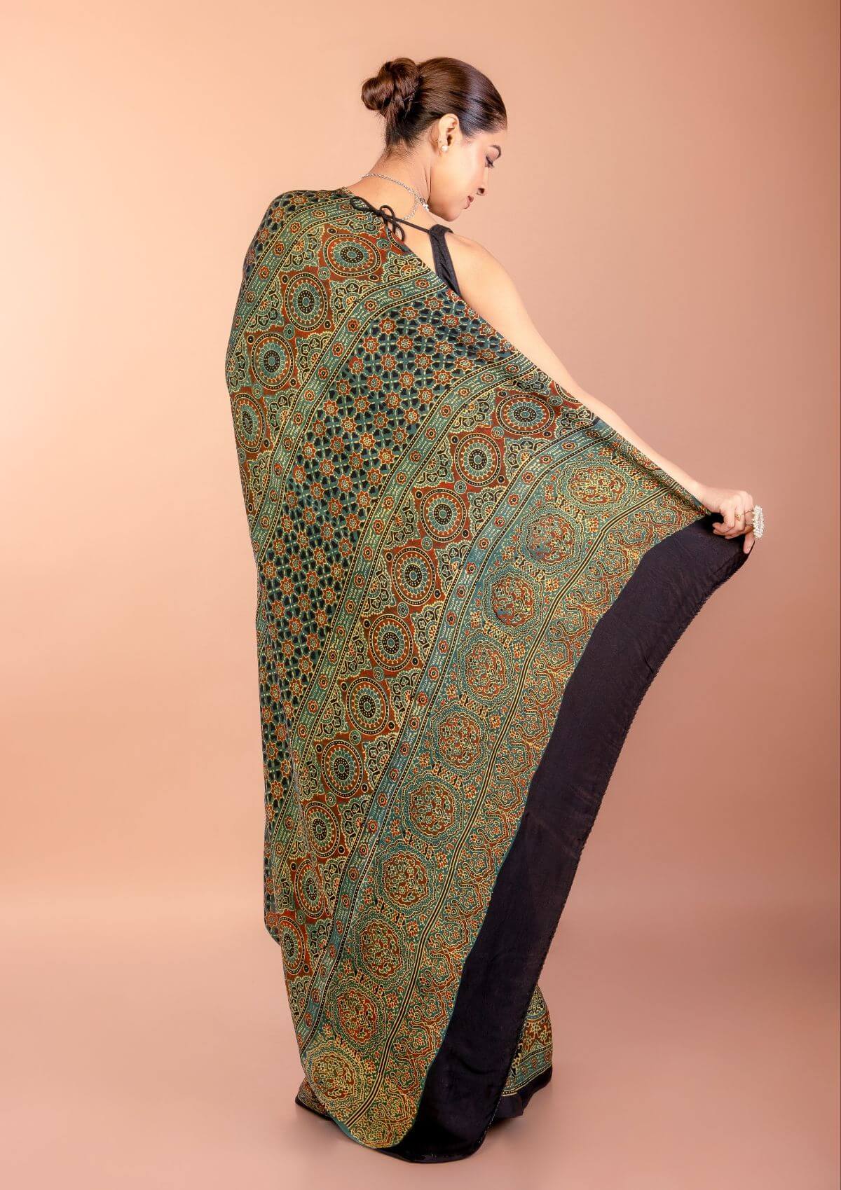 Dark Green Ajrakh Print Saree in Modal Silk 