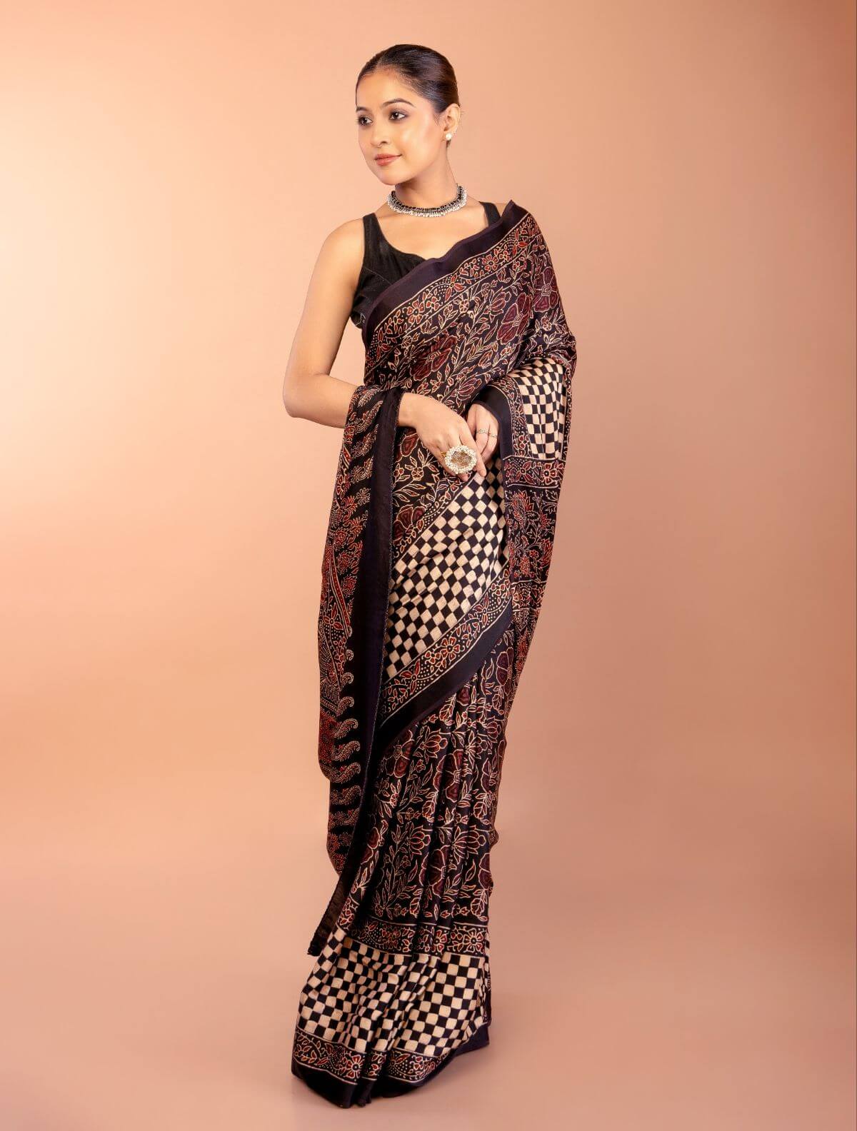 Black Ajrakh Modal Silk Saree with Check Border 

