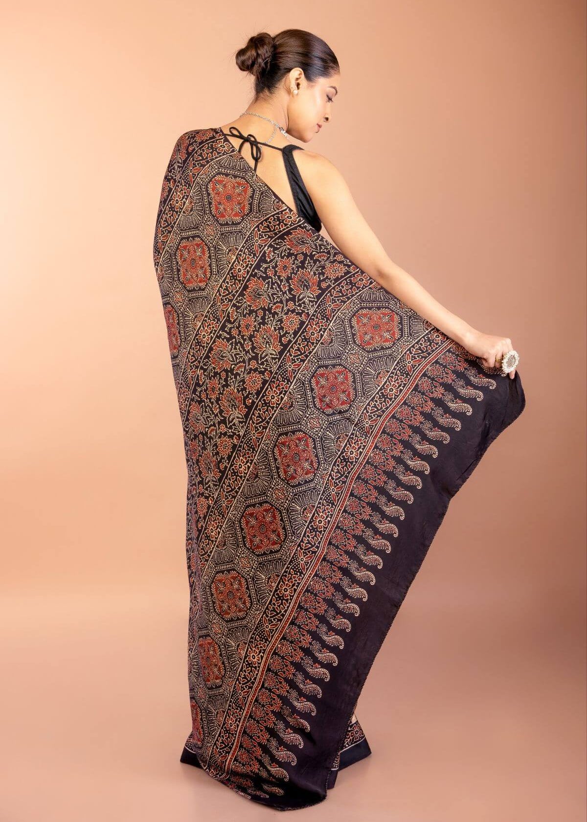 Black Ajrakh Modal Silk Saree with Check Border 
