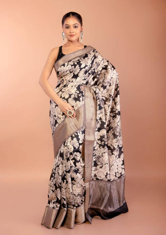 Black Silk Saree with Floral Prints and Woven Gold Border