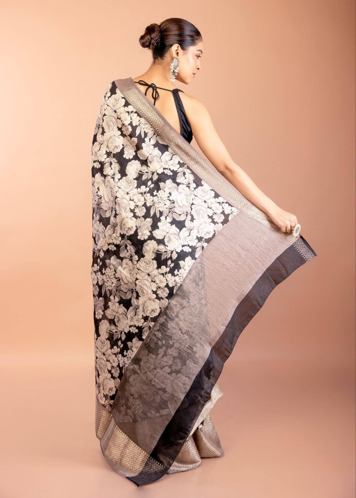 Black Silk Saree with Floral Prints and Woven Gold Border