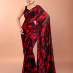 Red and Black Printed Chiffon Saree with Sequin Border 
