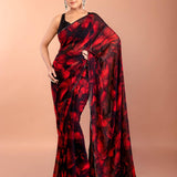 Red and Black Printed Chiffon Saree with Sequin Border 