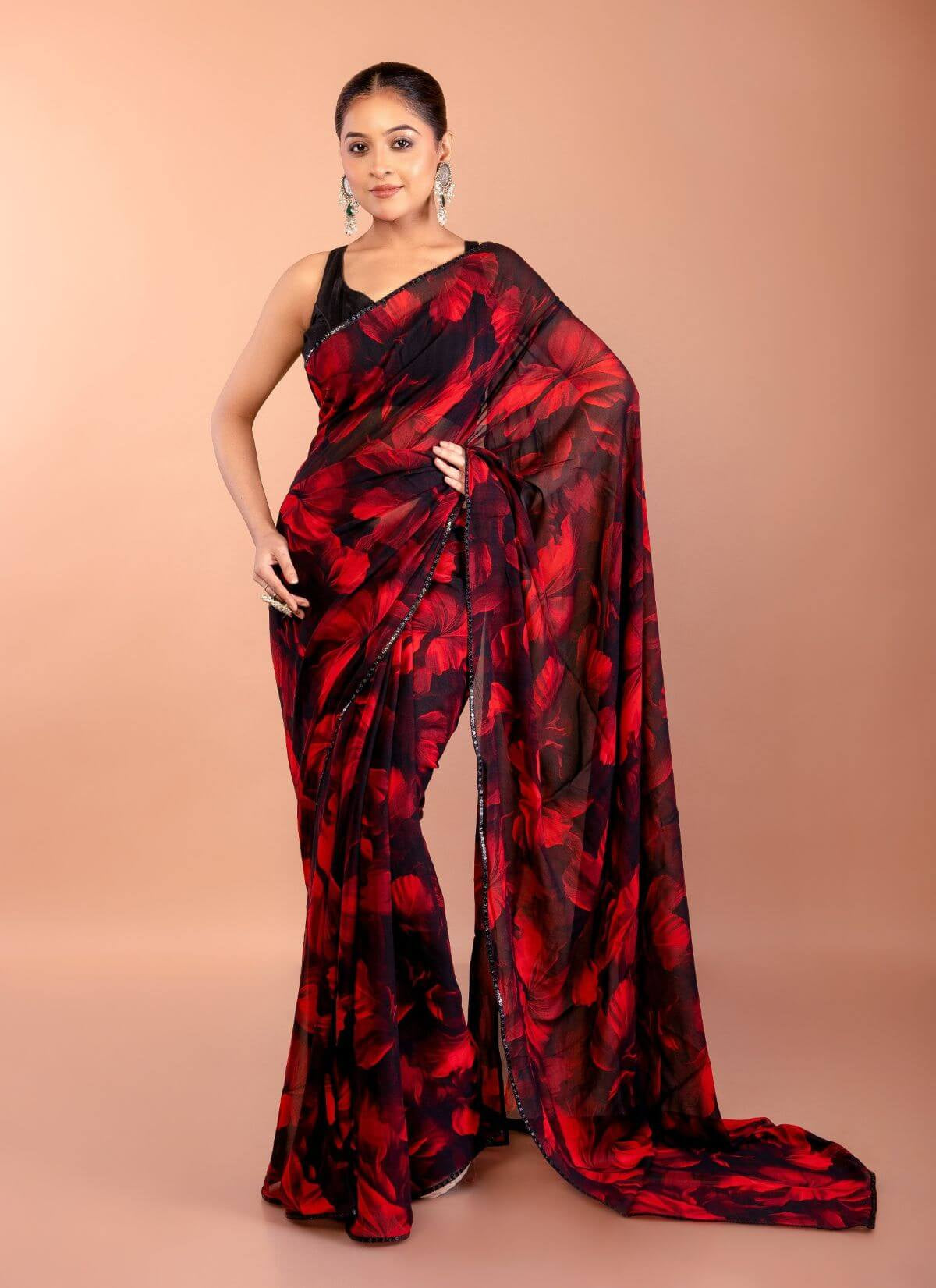 Red and Black Printed Chiffon Saree with Sequin Border 