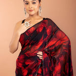 Red and Black Printed Chiffon Saree with Sequin Border 