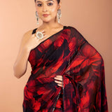 Red and Black Printed Chiffon Saree with Sequin Border 