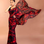 Red and Black Printed Chiffon Saree with Sequin Border 
