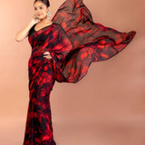Red and Black Printed Chiffon Saree with Sequin Border 