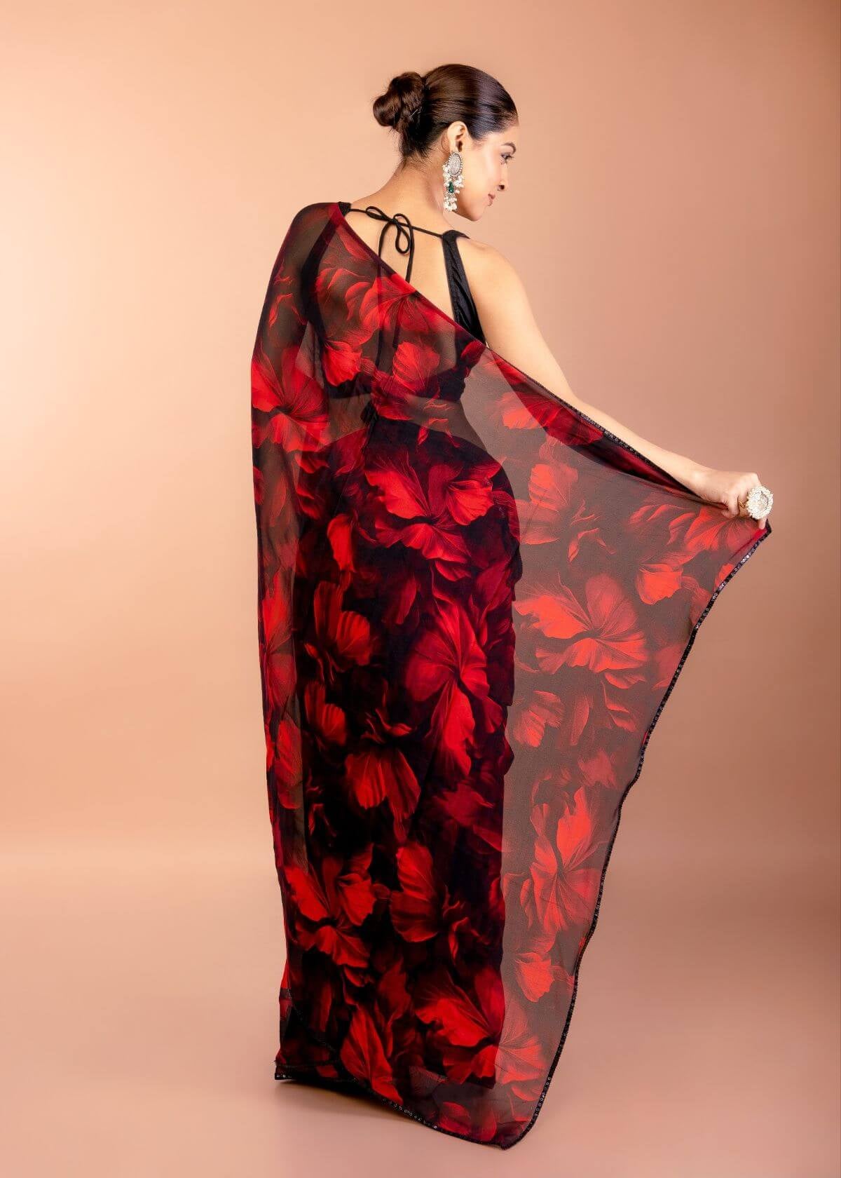 Red and Black Printed Chiffon Saree with Sequin Border 
