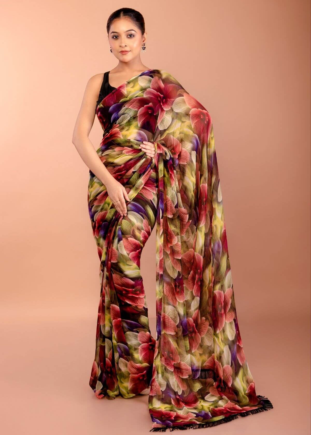 Floral Printed Chiffon Saree with Cutdana Border