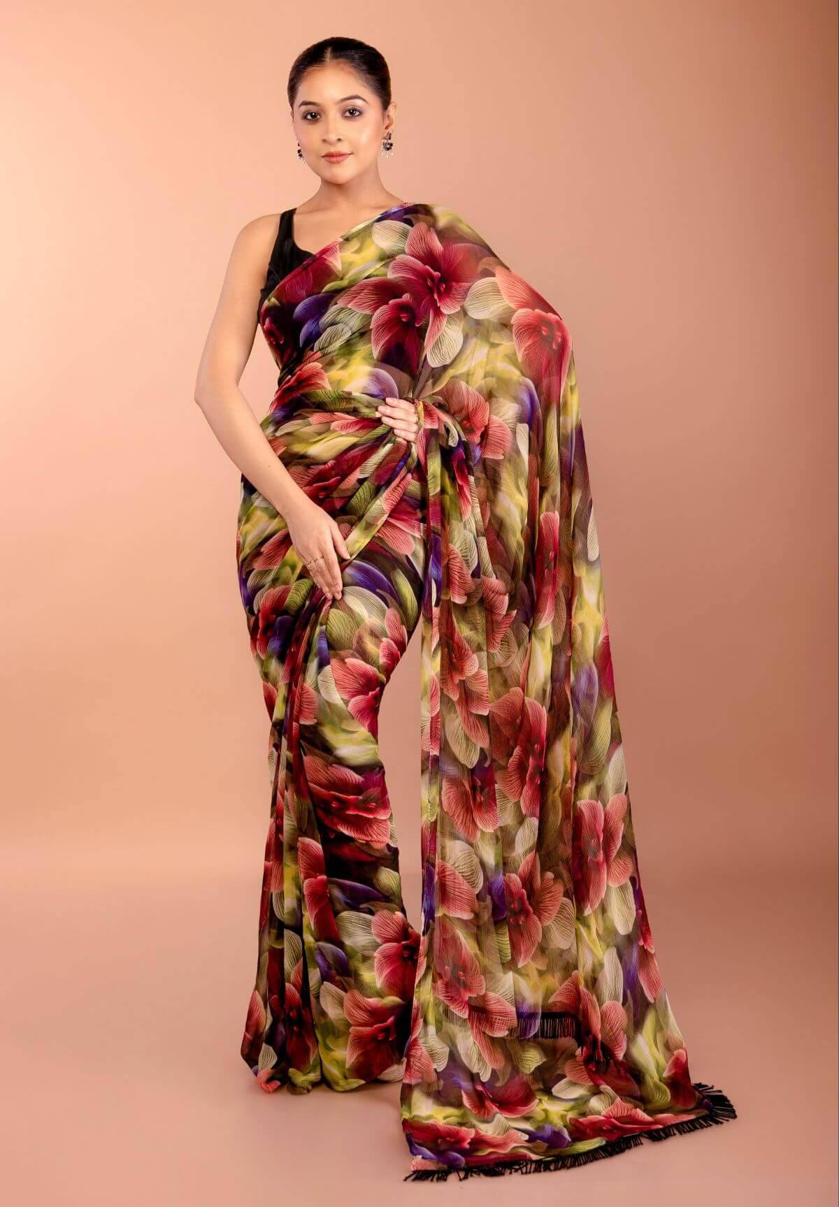 Floral Printed Chiffon Saree with Cutdana Border
