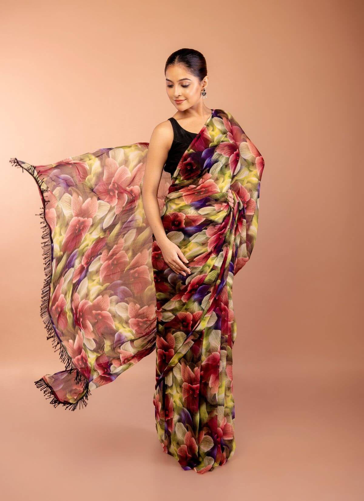 Floral Printed Chiffon Saree with Cutdana Border