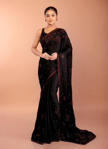 Black Chiffon Saree with Red Floral Sequin Work