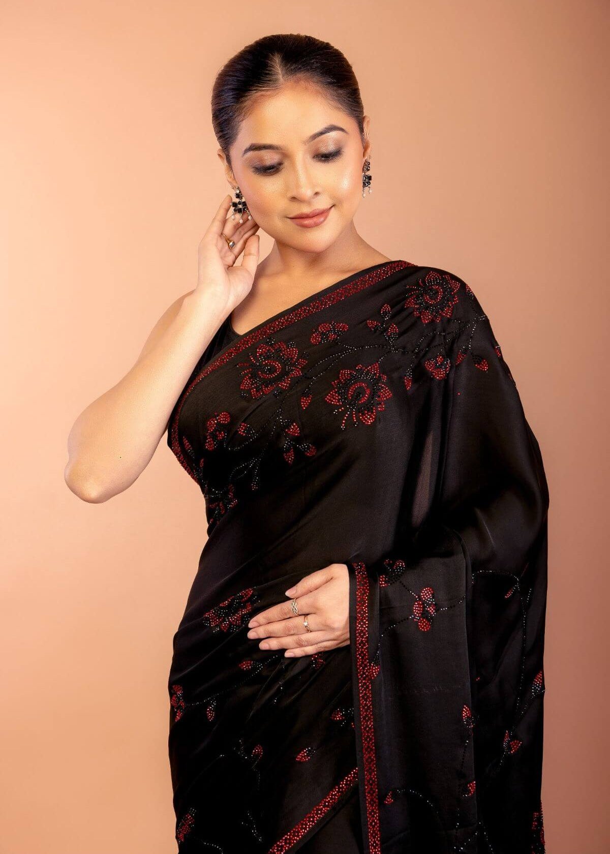 Black Chiffon Saree with Red Floral Sequin Work 