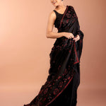 Black Chiffon Saree with Red Floral Sequin Work 
