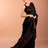 Black Chiffon Saree with Red Floral Sequin Work 