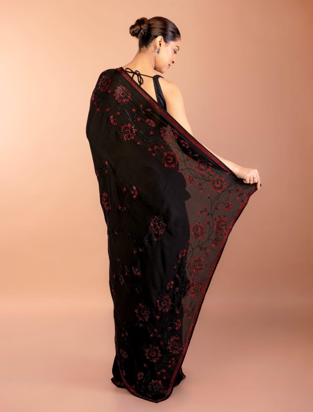 Black Chiffon Saree with Red Floral Sequin Work 