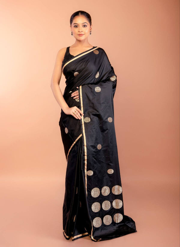 Black Banarasi Silk Saree with Thin Gold Border – full front drape view