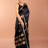 Black Banarasi Silk Saree with Thin Gold Border 
