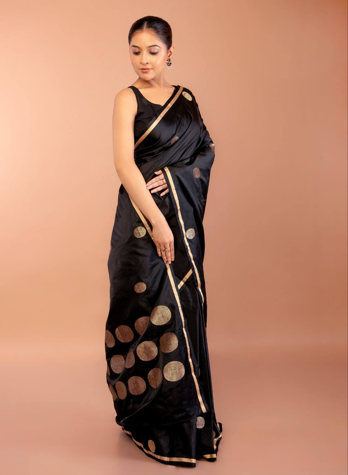 Black Banarasi Silk Saree with Thin Gold Border 

