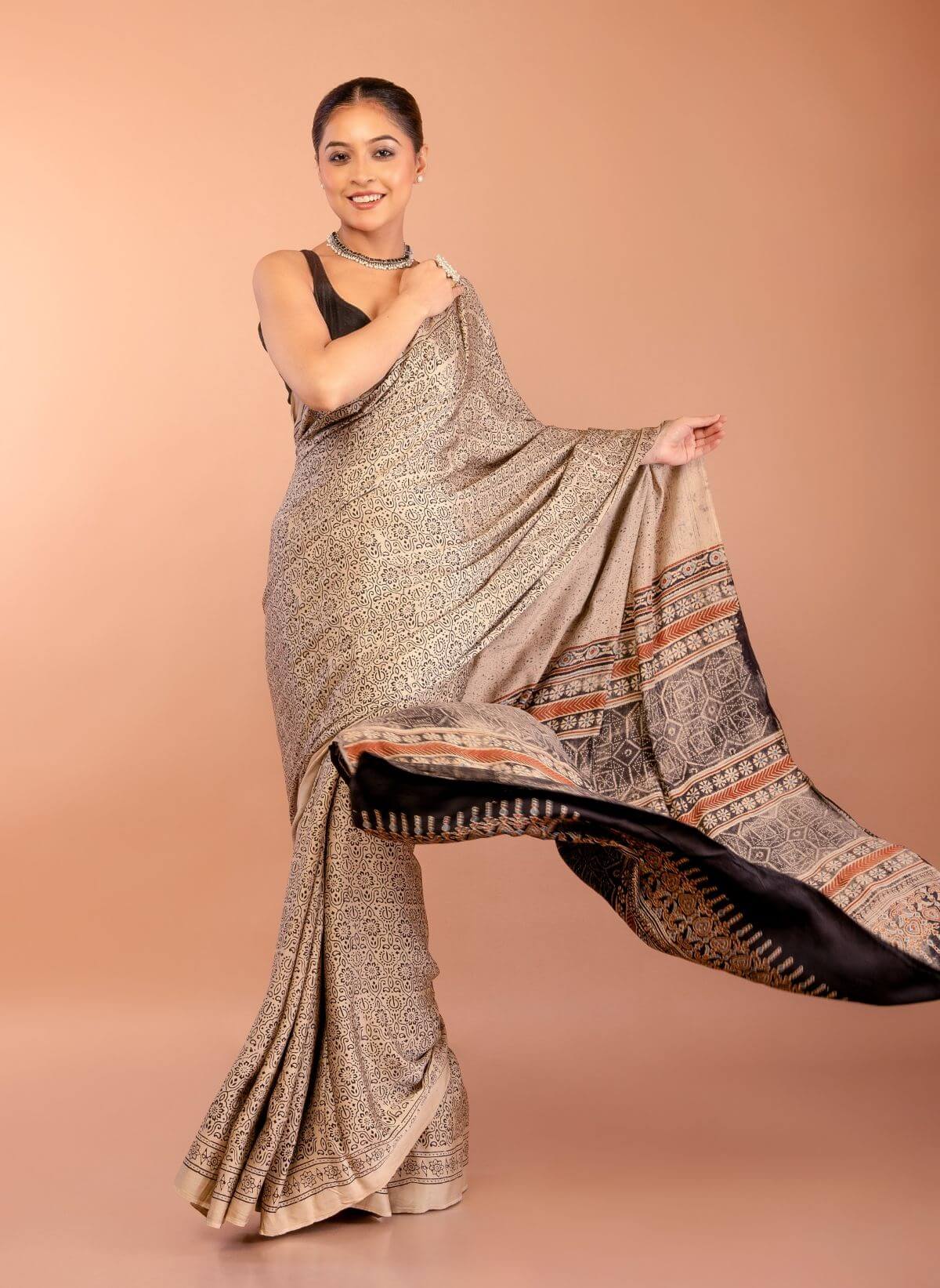 Off-White Modal Silk Ajrakh Saree with Black Contrast Pallu