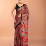Red Ajrakh Saree with Hand Block Prints - Anvi Couture