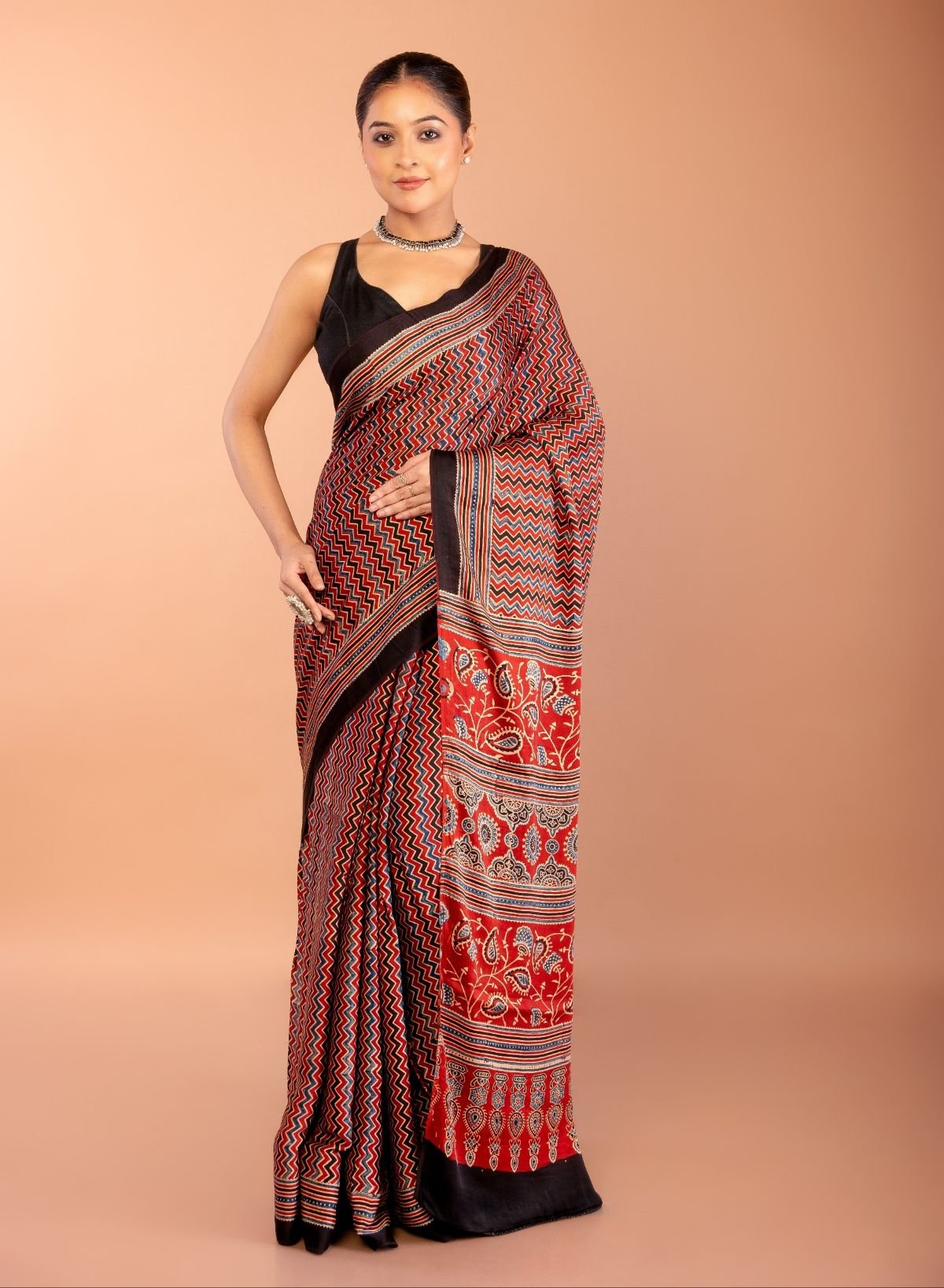 Red Ajrakh Saree with Hand Block Prints - Anvi Couture