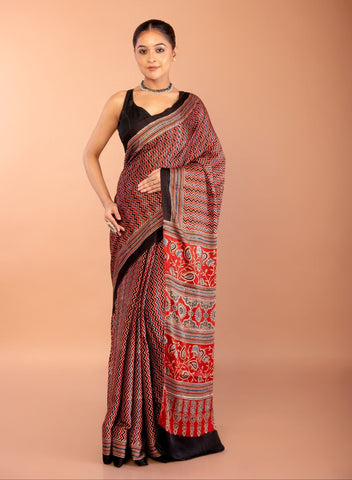 Red Ajrakh Saree with Hand Block Prints