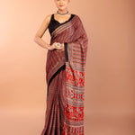 Red Ajrakh Saree with Hand Block Prints - Anvi Couture