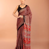 Red Ajrakh Saree with Hand Block Prints - Anvi Couture