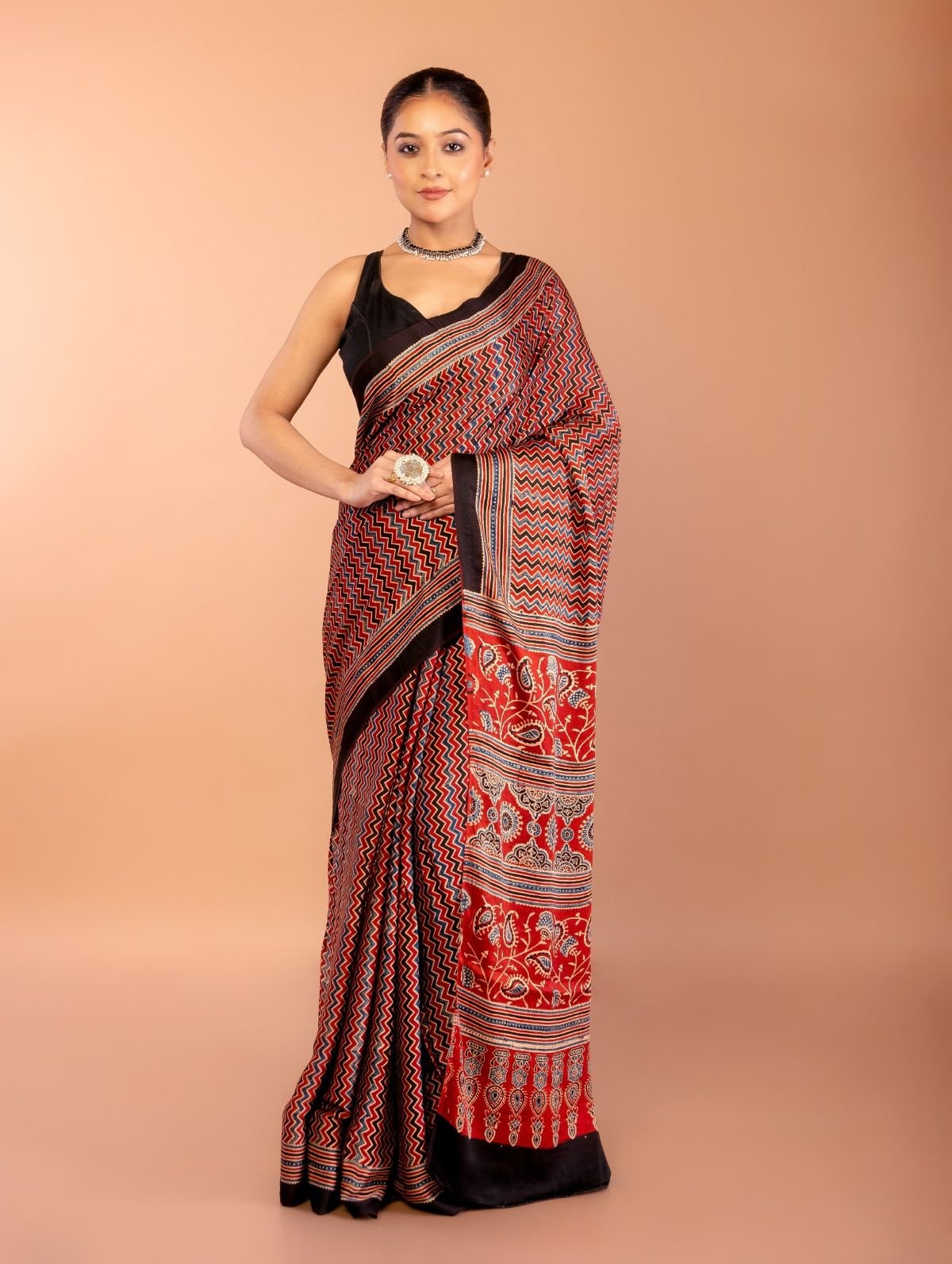 Red Ajrakh Saree with Hand Block Prints - Anvi Couture