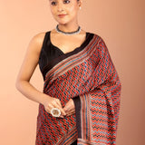 Red Ajrakh Saree with Hand Block Prints - Anvi Couture