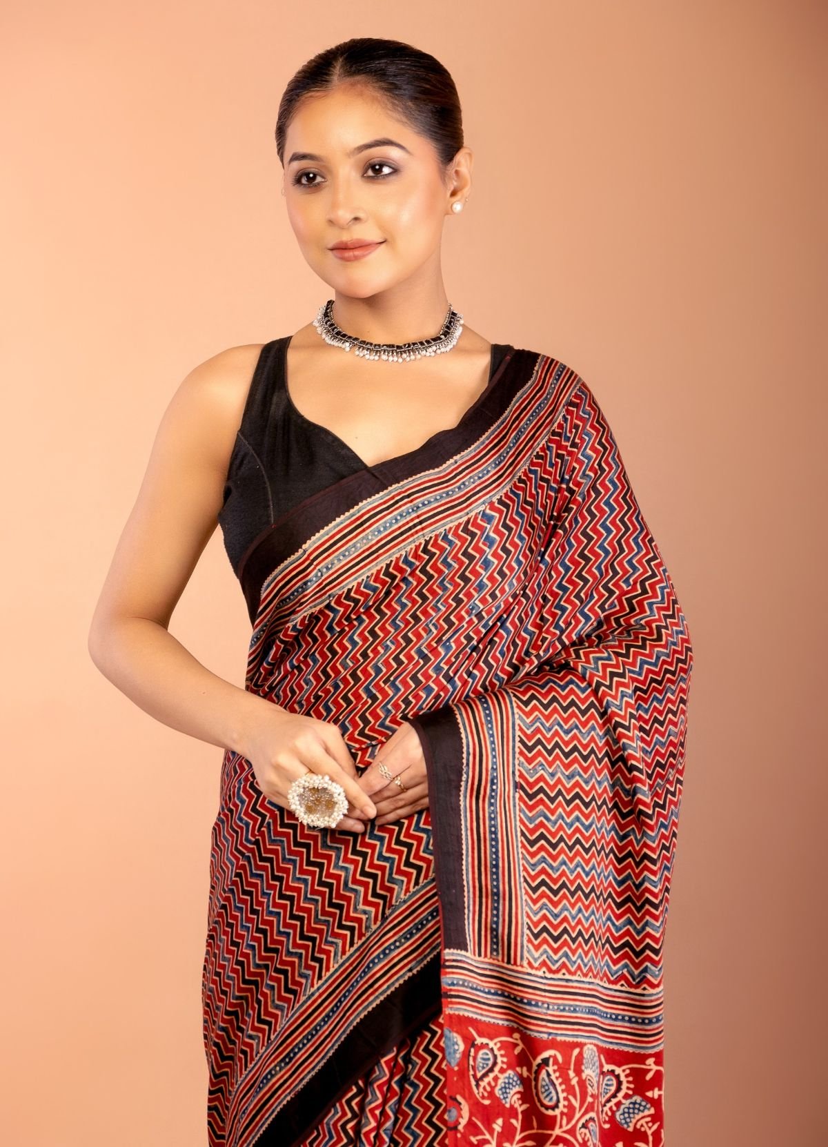 Red Ajrakh Saree with Hand Block Prints - Anvi Couture