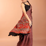 Red Ajrakh Saree with Hand Block Prints - Anvi Couture